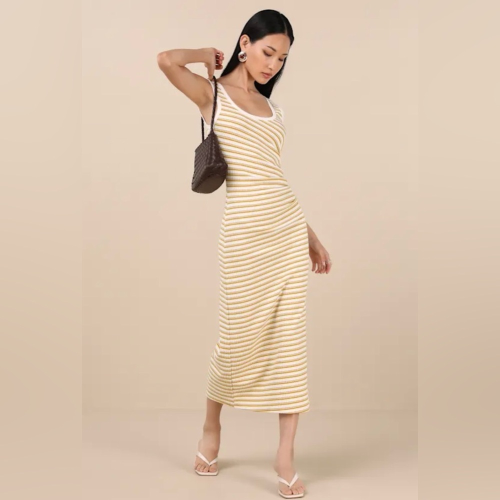 NWT Lulus Edeva Yellow and Ivory Striped Knit Midi Dress
